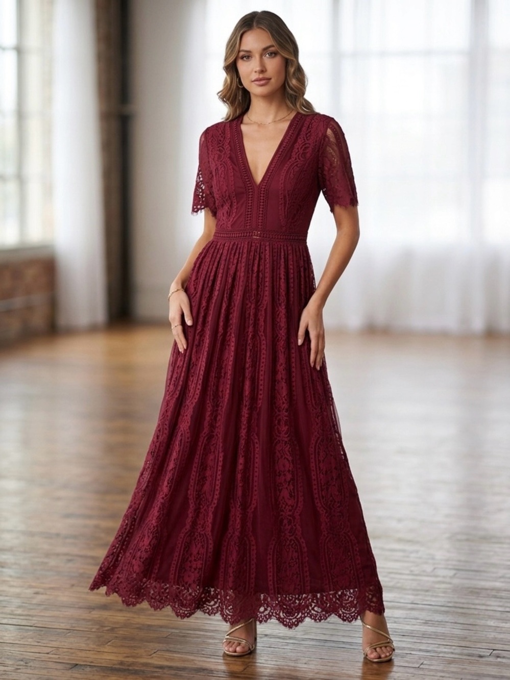 Elegant Burgundy Lace Maxi Dress with V-Neck
